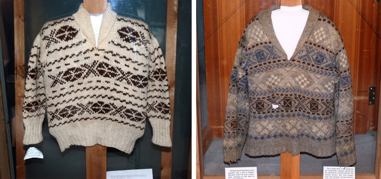Sweater on the left, by Jeremina Colvin.  The blue was obtained from indigo.  Sweater on the left by an unknown Native lady, Both were knit in the early 1940’s are on display at the Quw’utsun’ Cultural Centre in Duncan BC…( copyright for pictures, C.M.Sommerfeld